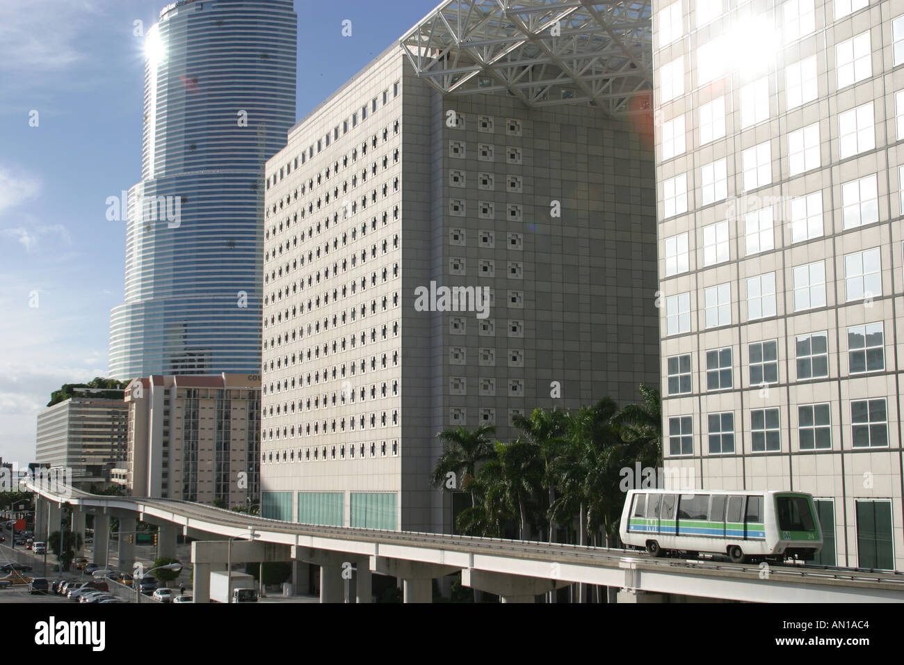 Miami Florida,Biscayne Boulevard,Metro Mover passing downtown office buildings,city skyline cityscape,city skyline,cityscape,architecture,architectura Stock Photo