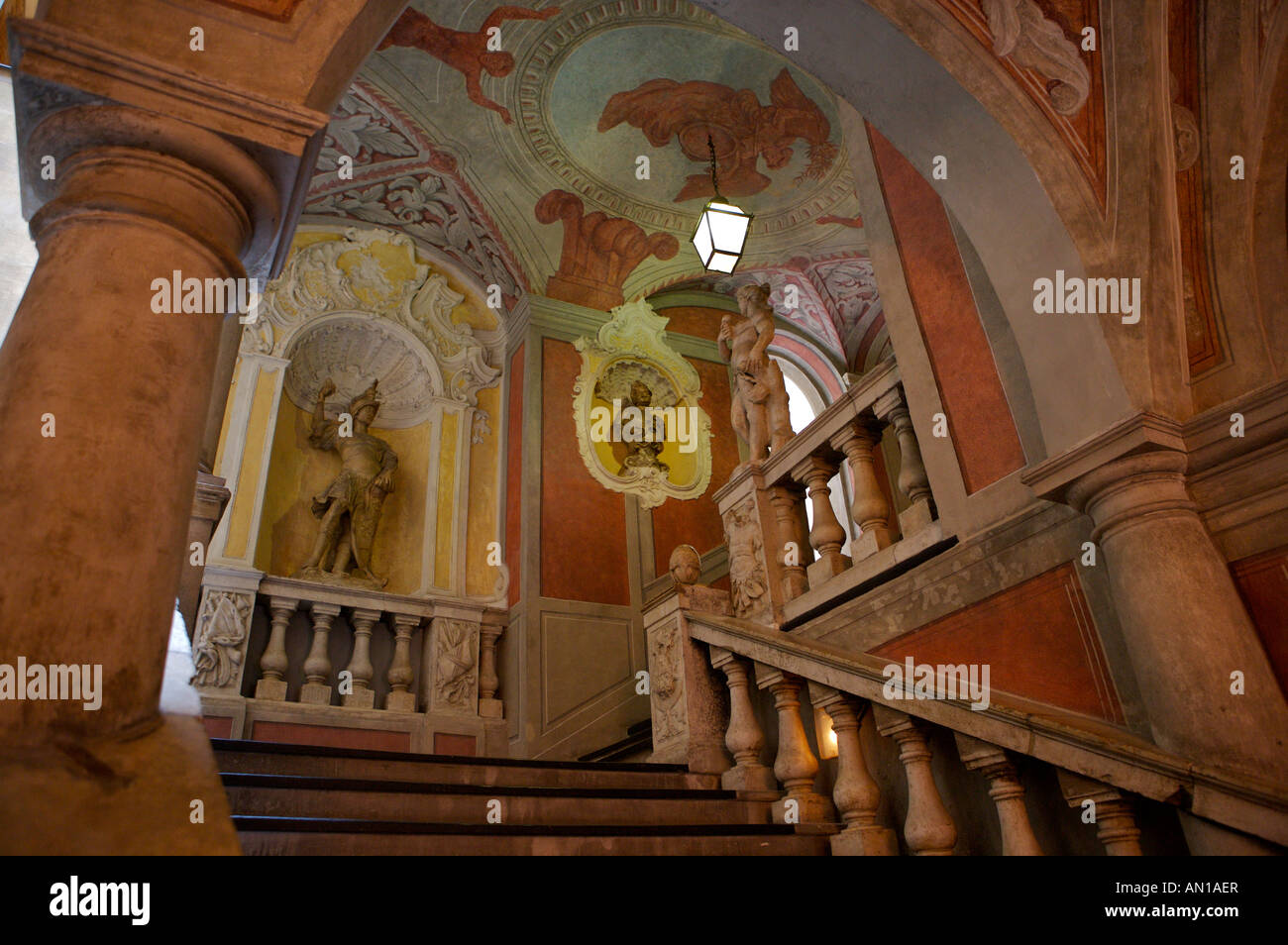 Jugendstil style stairway with statues in the Palais Lascaris, Museum, Old Town, Nice, Provence, Cote d'Azur, France, Europe. Stock Photo