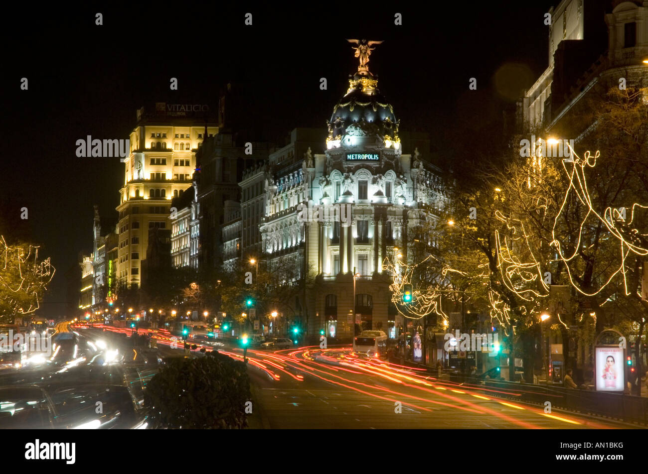 The beautiful art-deco dome of the Metropolis building on Calle Alcala, Madrid Stock Photo