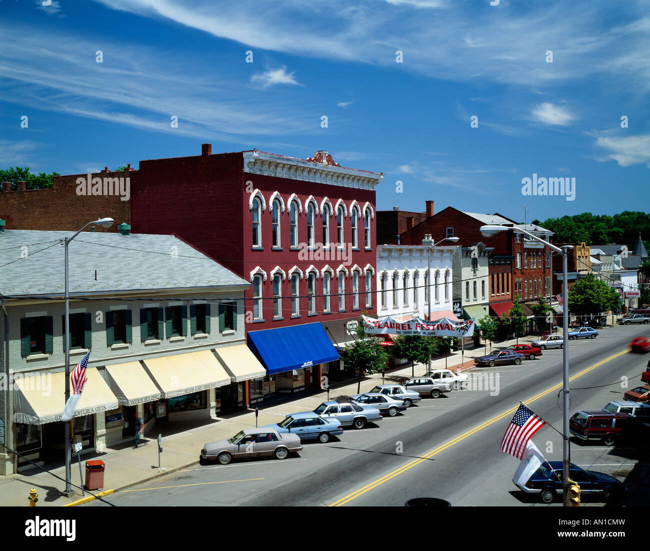 Main Street in the small town of Brookville, Jefferson County
