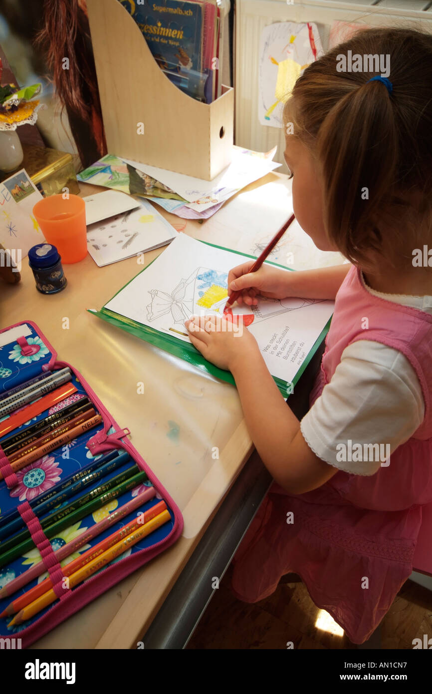 6-years old proud schoolgirl doing her first schoolworks ever Hamburg Germany Europe first-grader Stock Photo