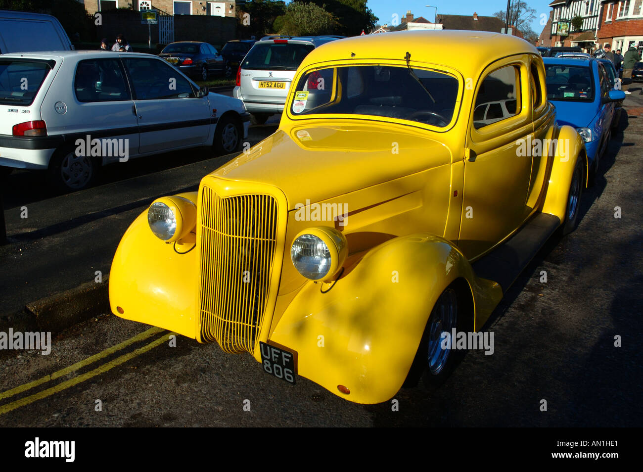 Yellow Citroen classic car at Wickham Square Boxing Day meet Hampshire Stock Photo