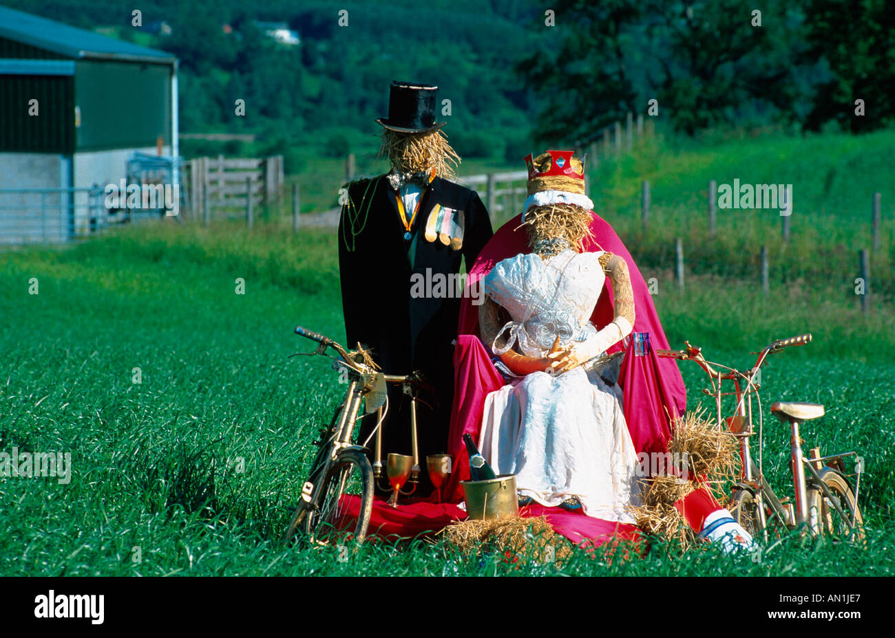 scarecrows in field, Golden Jubilee, United Kingdom, Scotland, Strathspey, Highlands Stock Photo