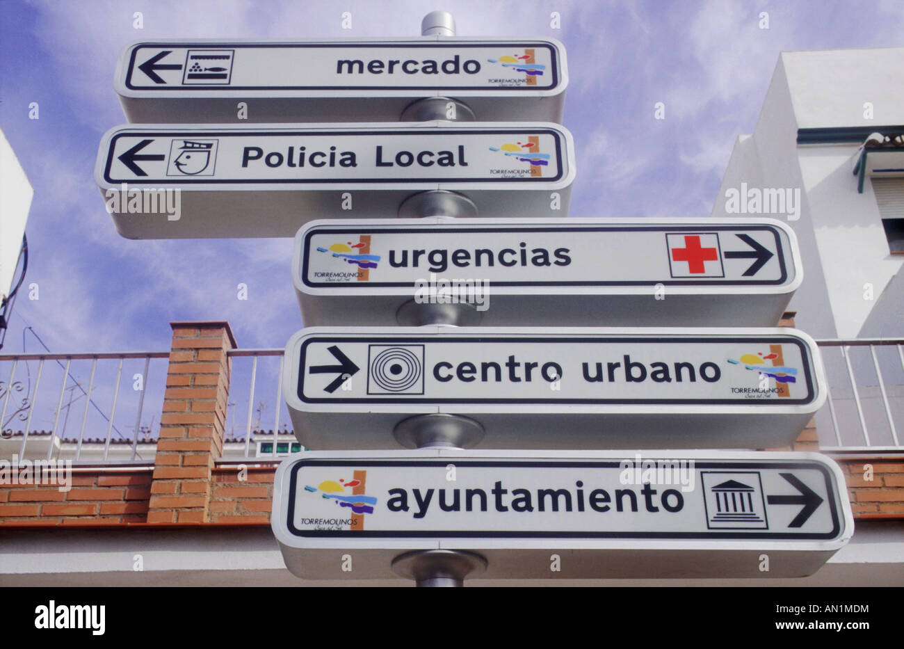 Direction Signs In Spanish Indicating Location Of Market Police Station And Town Centre Stock Photo Alamy