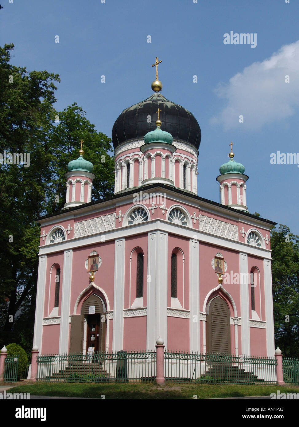 Alexander-Nevski-Church on Kapellenberg or Chapel Hill, Russian colony of Alexandrowka, built 1828, designed by Vasilij Petrovi Stock Photo