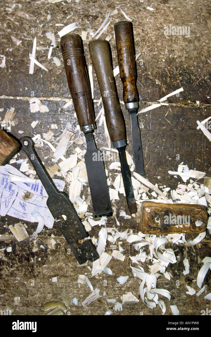 Sri Lanka Crafts Mask carving tools on workbench Aripalaya and Sons