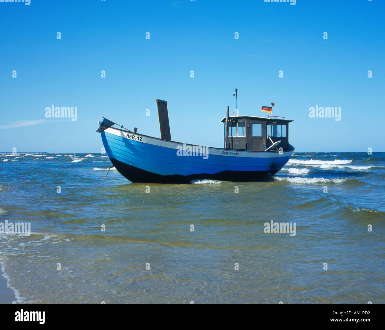 fishing boat Seeschwalbe at the beach Heringsdorf Mecklenburg Vorpommern West Pomerania Germany Europe.Photo by Willy Matheisl Stock Photo