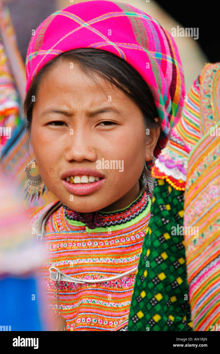 Flower Hmong at the Bac Ha market in Northern Vietnam Stock Photo