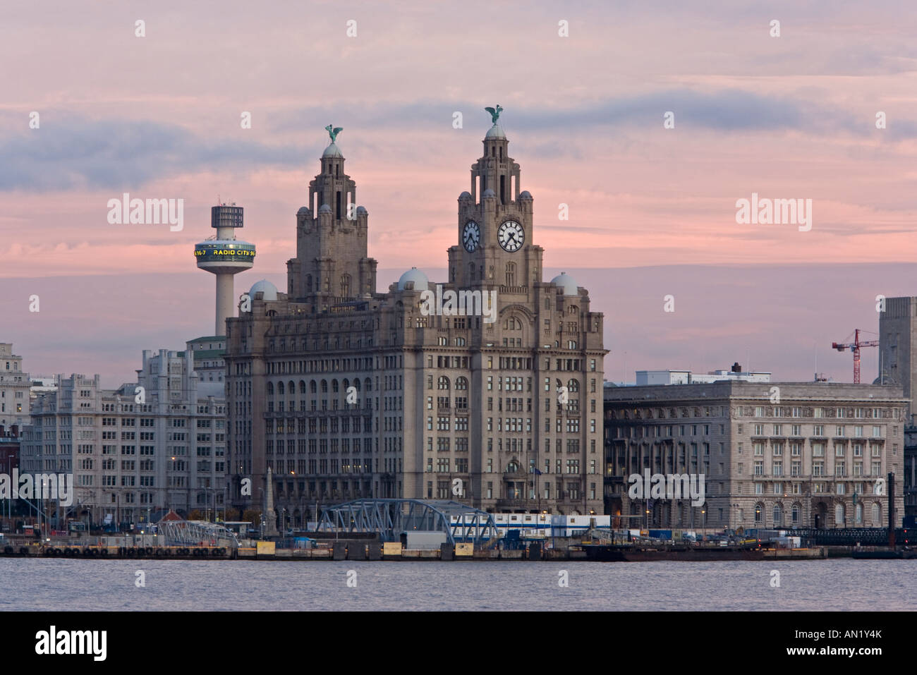 Liverpool skyline from the south with the Liver Building at twilight Stock Photo
