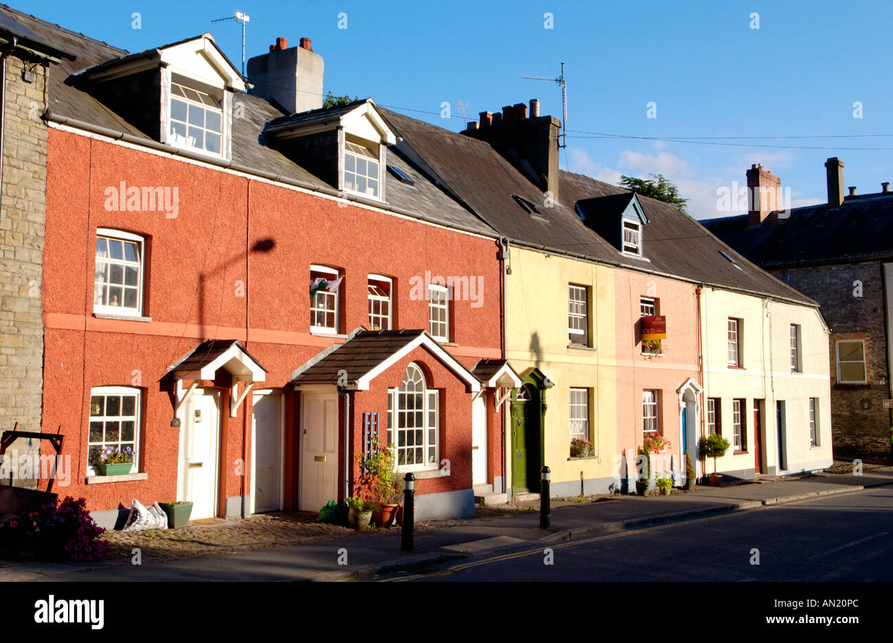 Colourful townhouses in early evening light at Brecon Powys South Wales