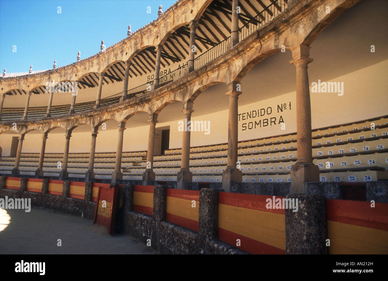 Interior of Bullring, Ronda, Andalucia, showing numbered seats. Stock Photo