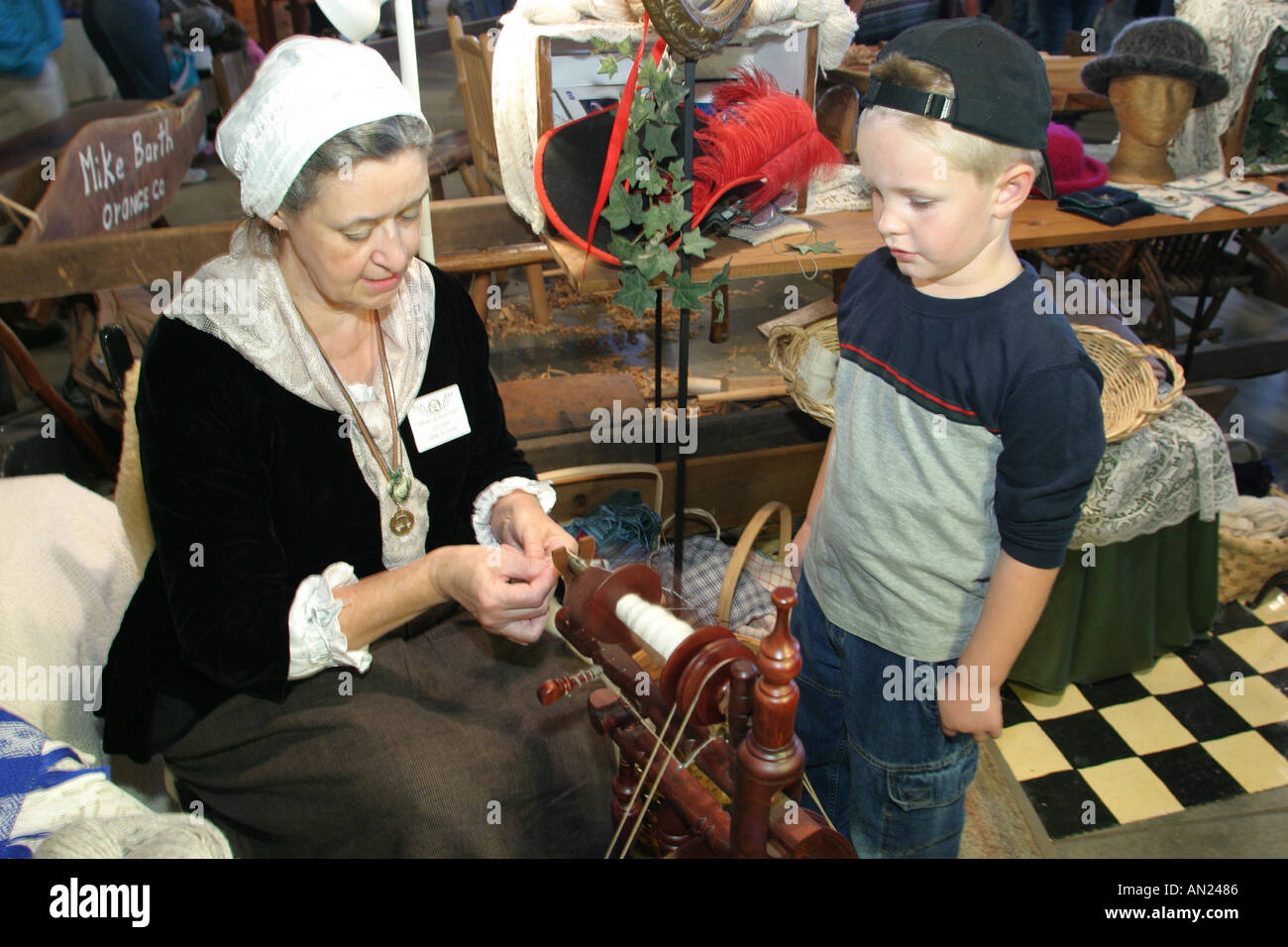 Raleigh North Carolina,North Carolina State Fair,Village of Yesteryear,tradition,arts & crafts,creative,handiwork,skills,weaving,spinning,natural dyei Stock Photo