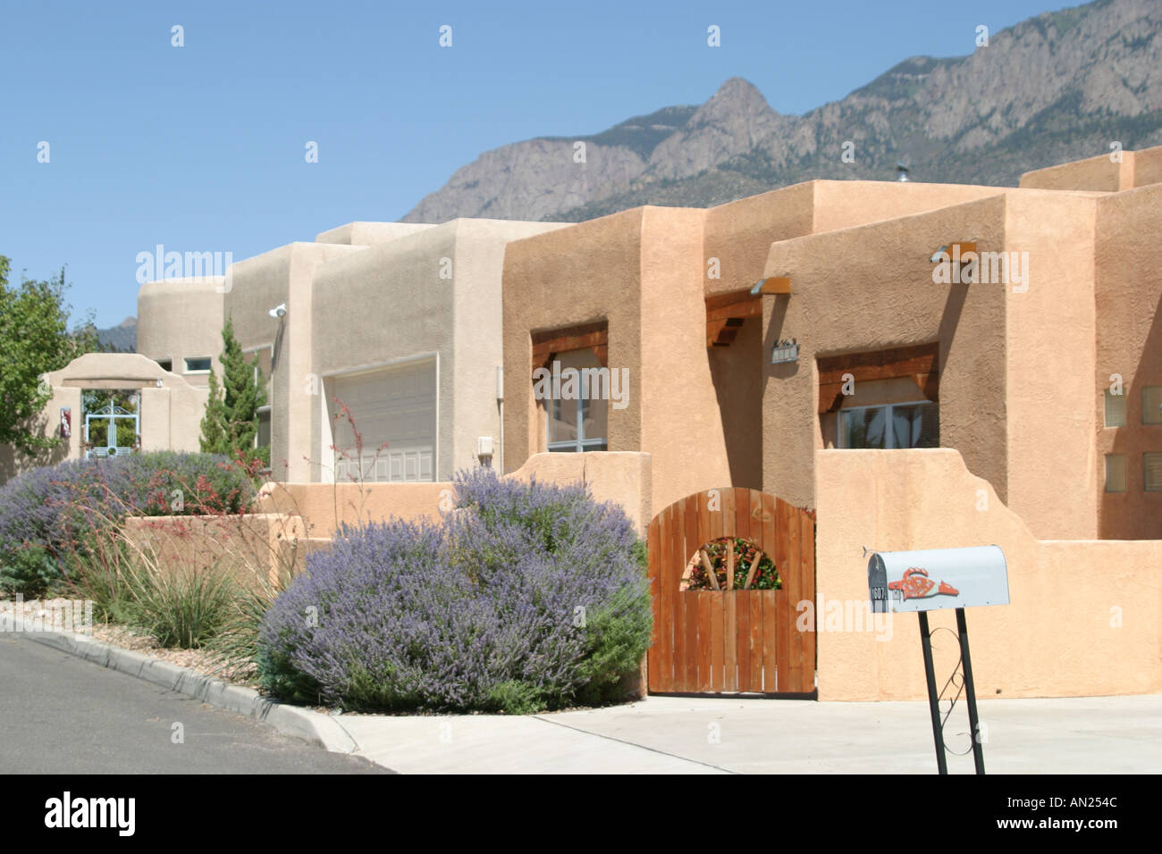 Albuquerque New Mexico,Sandia Heights,high desert,adobe style homes,houses,buildings,city skyline,downtown,city center centre,residences,neighborhood, Stock Photo