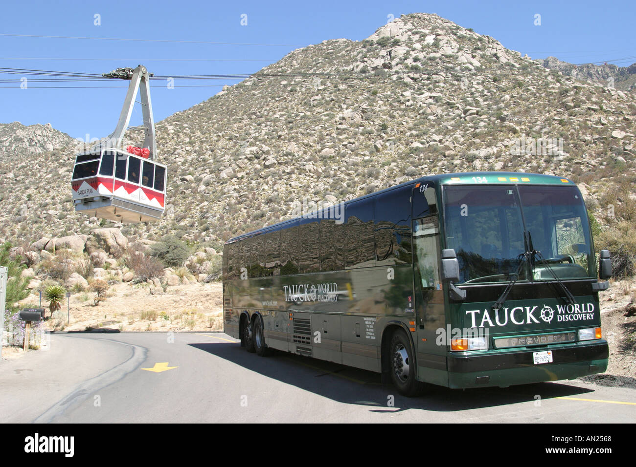 Albuquerque New Mexico,Sandia Peak Aerial Tramway,world's longest,tour bus near base station,NM091403 W0032 Stock Photo