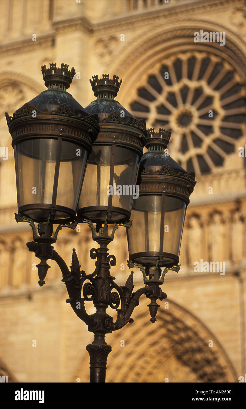 Ornate street lamps outside Notre Dame de Paris cathedral Paris France