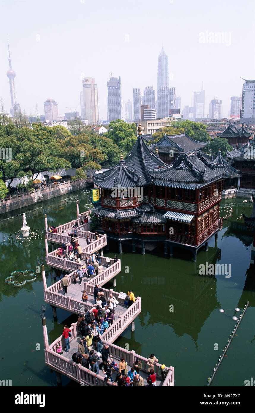 Old City / Huxinting Tea House / Pudong Skyline in Background, Shanghai, China Stock Photo