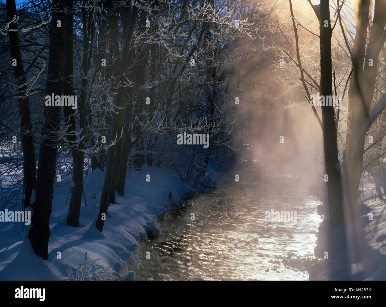 Steaming brook after a very cold winter night Schwaebische Alb Baden Wuerttemberg Germany Stock Photo