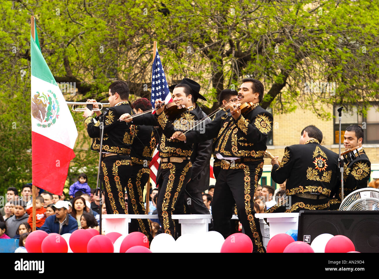 STREET SCENE Chicago Illinois Mexican band ride float in Cinco de Mayo