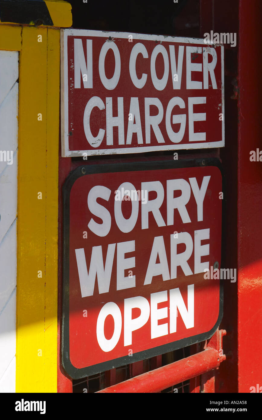 MEXICO Cabo San Lucas Squid Roe sign No Cover Charge Sorry We Are Open Stock Photo Alamy