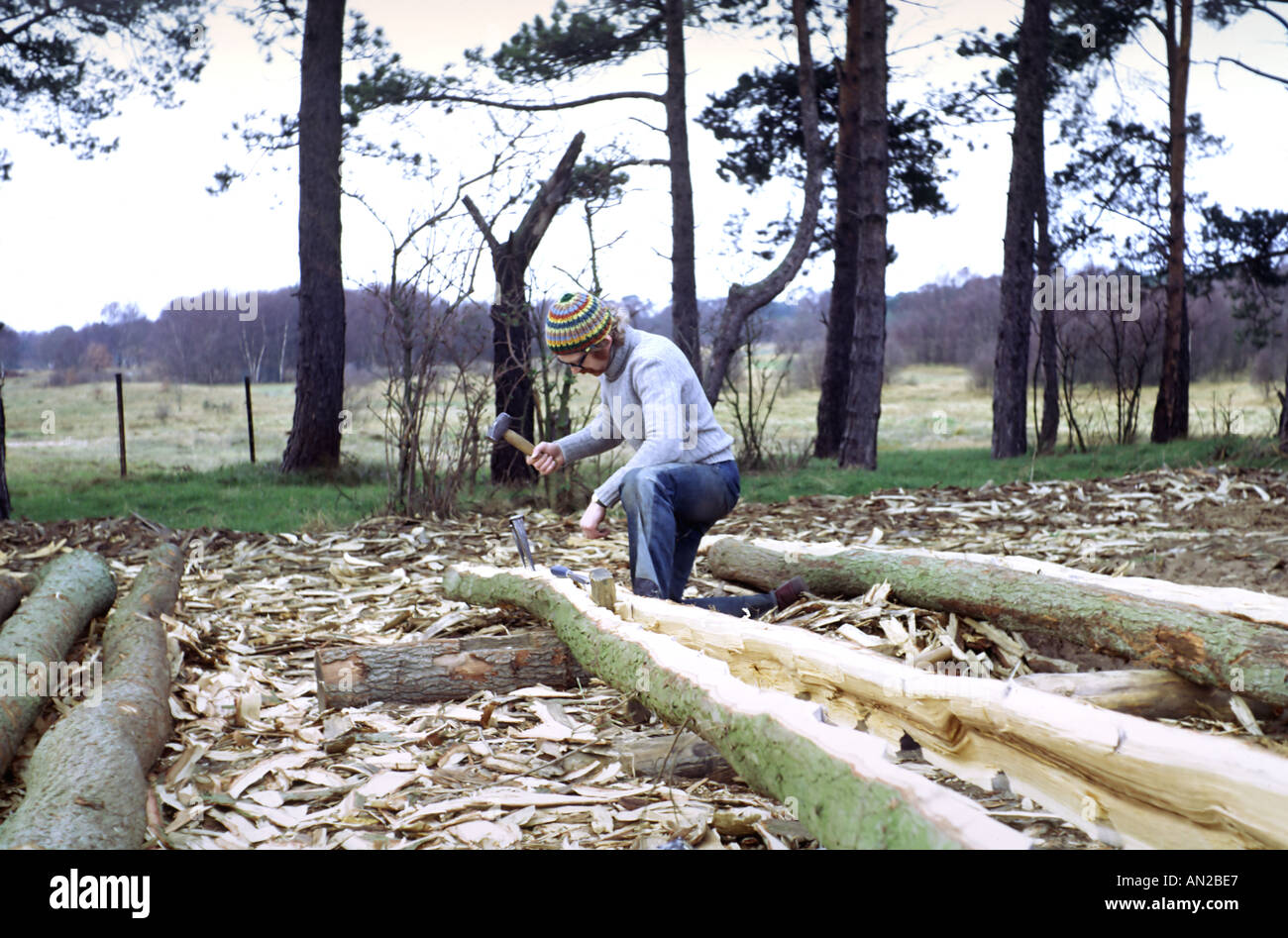 Splitting logs with wedge West Stow Stock Photo