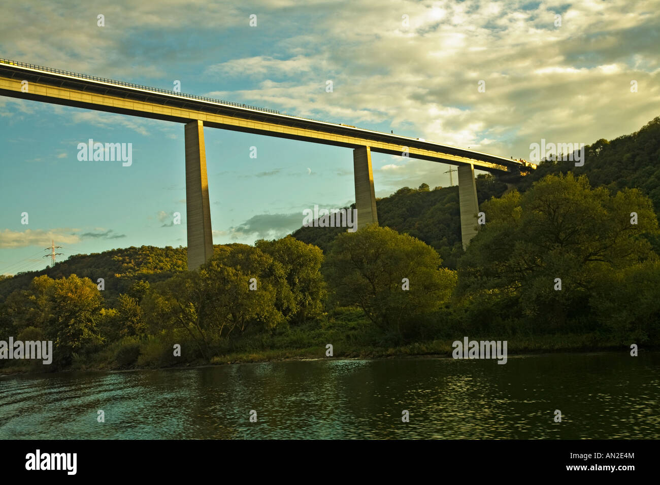 MOSELLE CROSSING OF A61-E31 HIGH ROAD BRIDGE IN EVENING LIGHT FROM BELOW Stock Photo