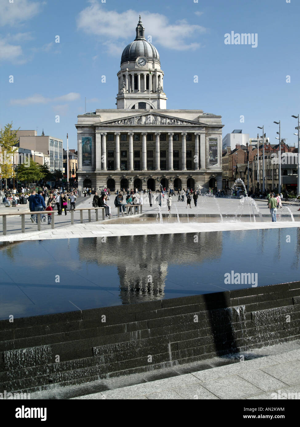 Old Market Square and The Counting House, Nottingham City Centre, England, reflected in water feature Stock Photo
