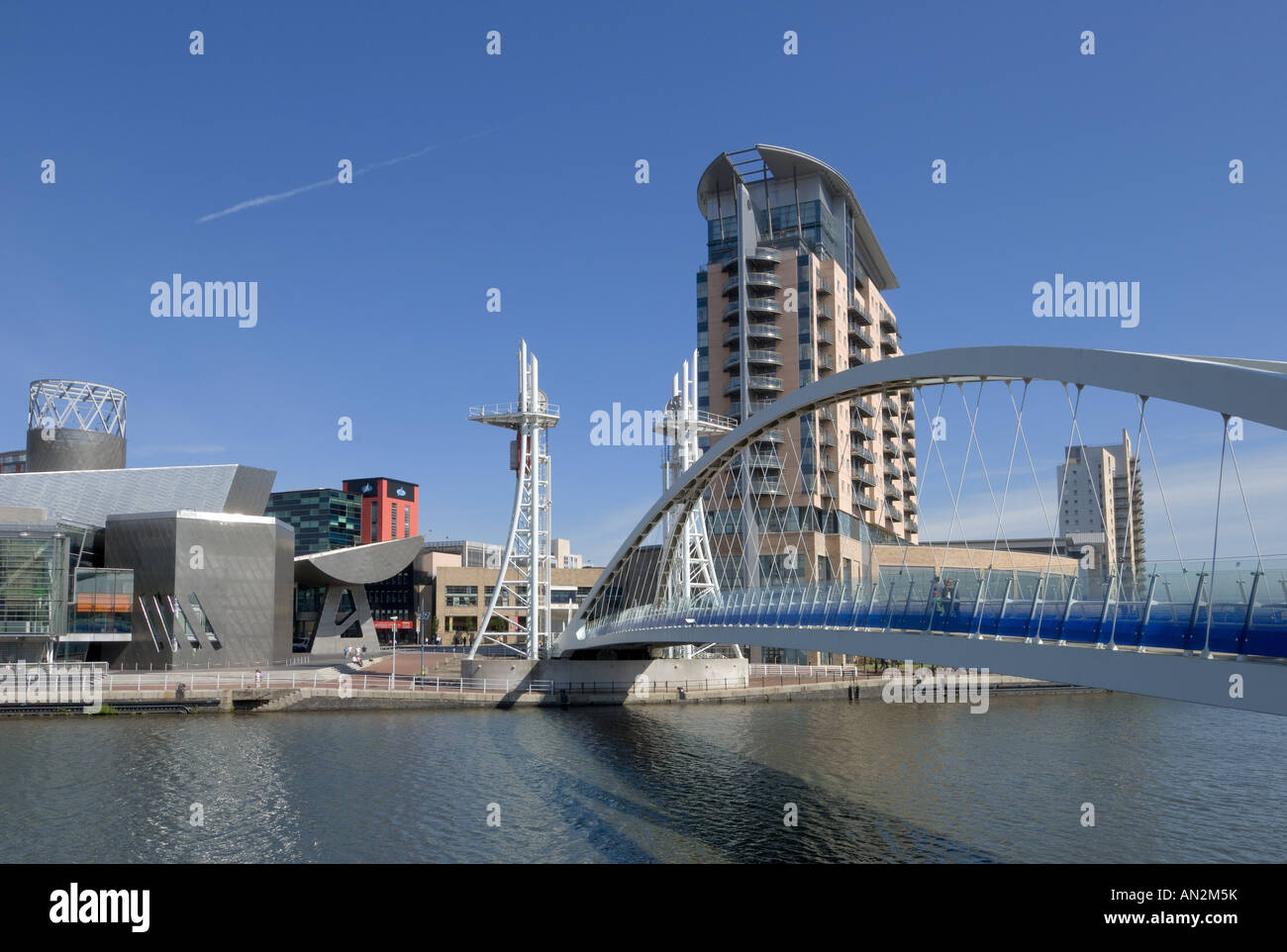 England, Manchester, Salford Quays, The Millennium Bridge And Lowry Centre Stock Photo