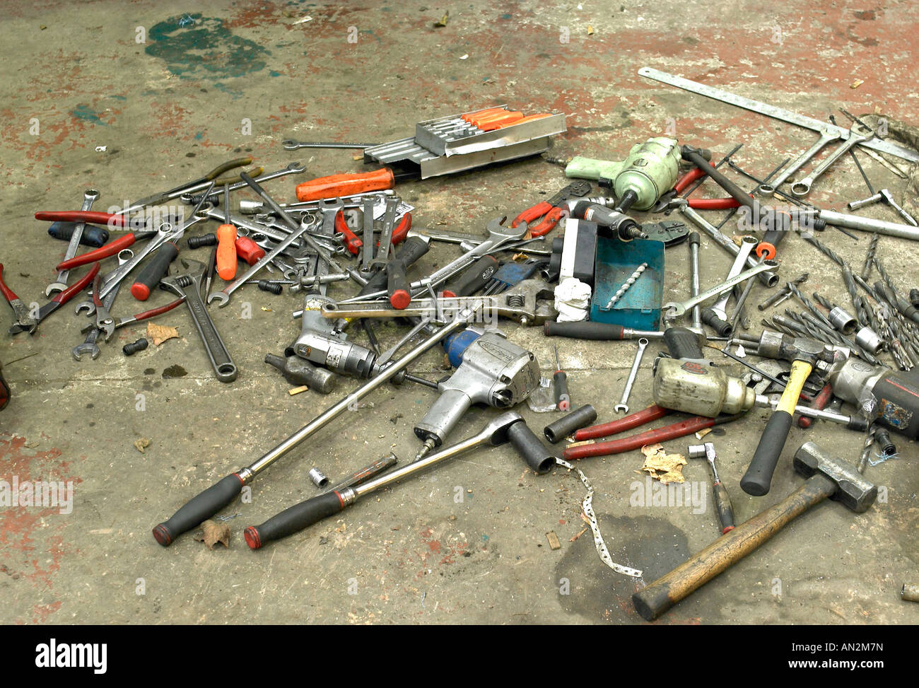 scattered workshop tools Stock Photo