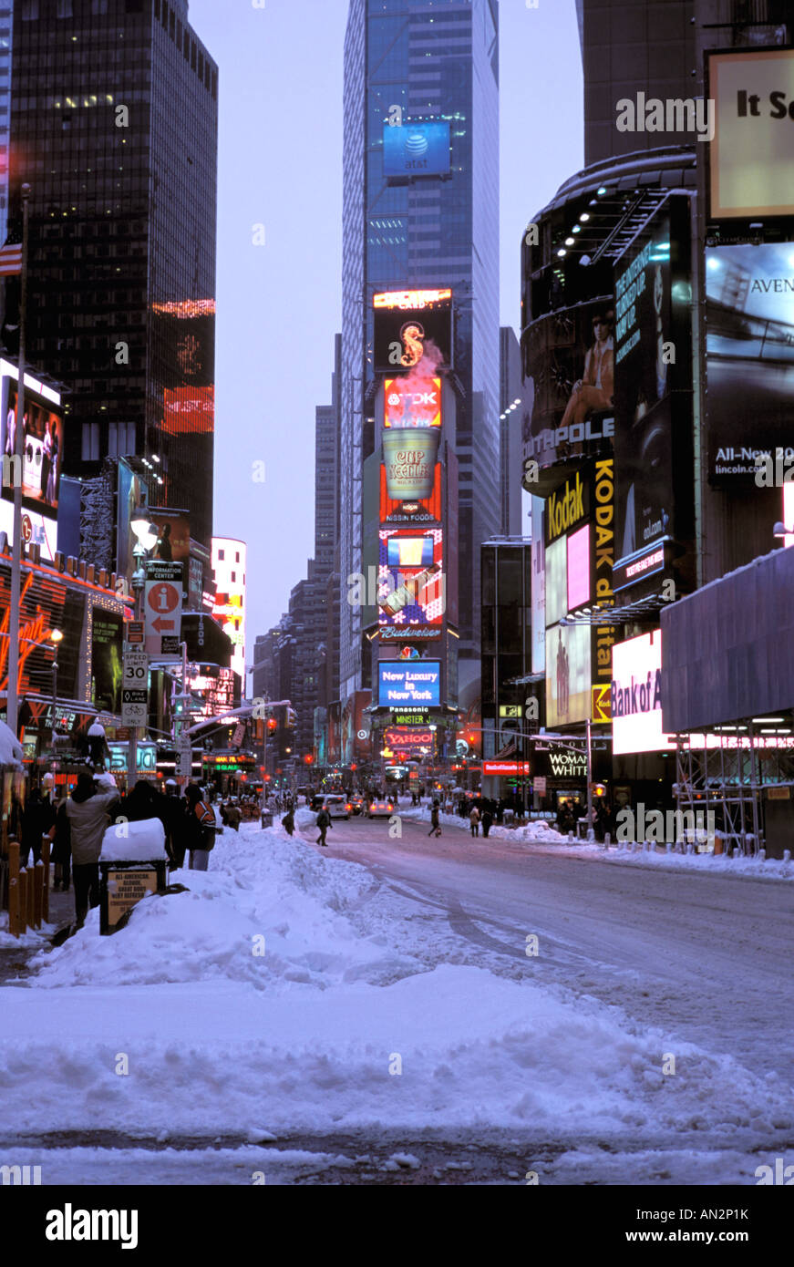 North America, USA, New York, New York City. Snow covered Times Square ...