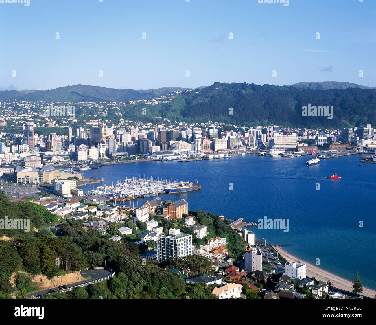 City Skyline & Harbour, Wellington, North Island, New Zealand Stock Photo