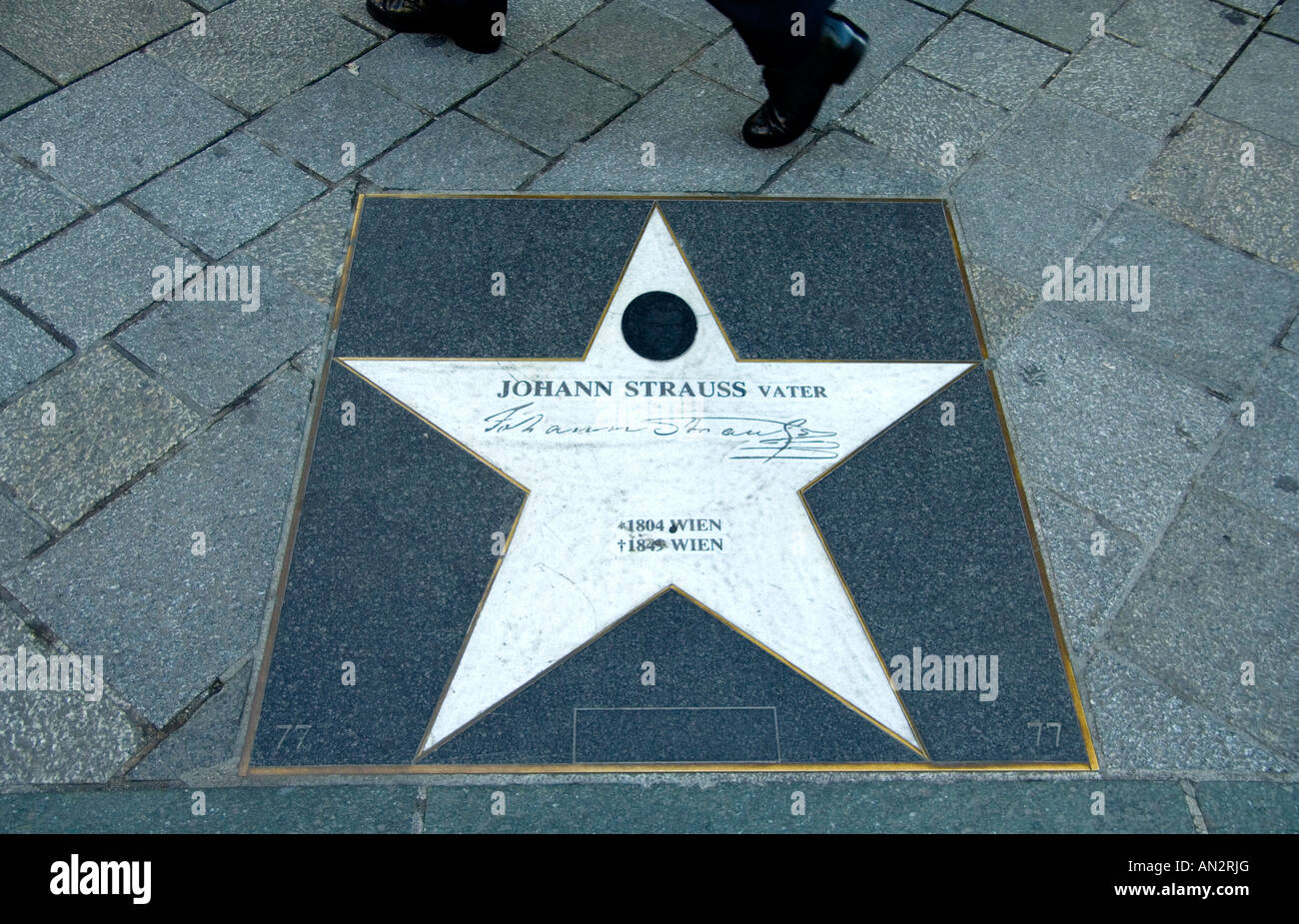 Stars inset into the pavement around the cathedral in Vienna,  celebrate famous Austrian composers - here, Johann Straus elder Stock Photo