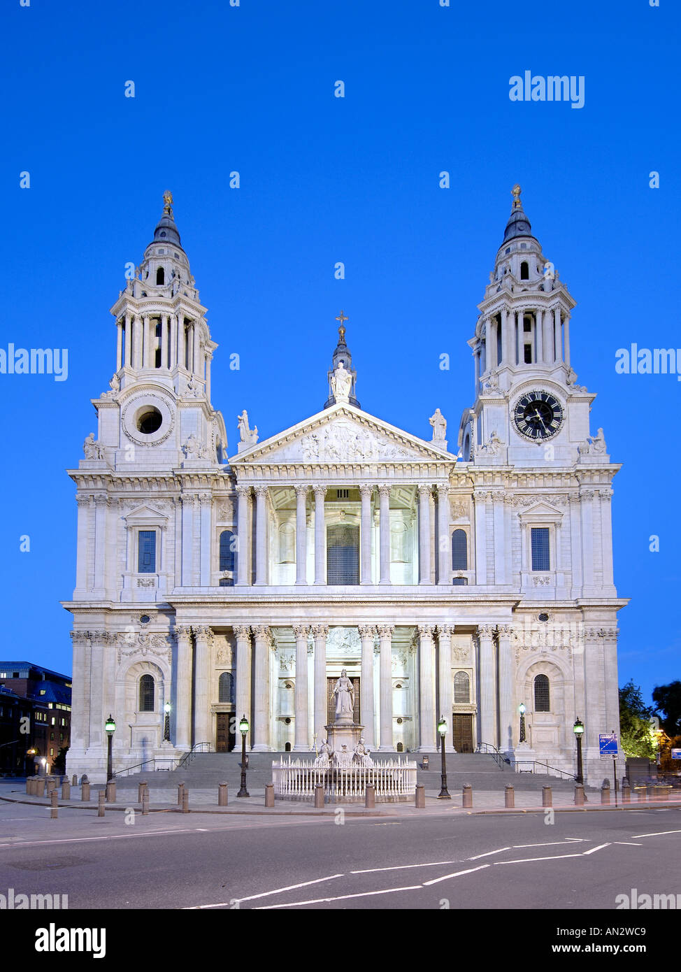 The front entrance and main facade of St Paul's cathedral in London at dusk. Stock Photo