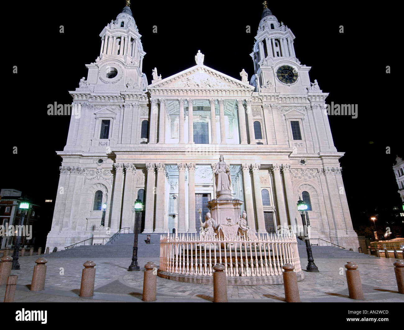The front entrance and main facade of St Paul's cathedral in London at night. Stock Photo