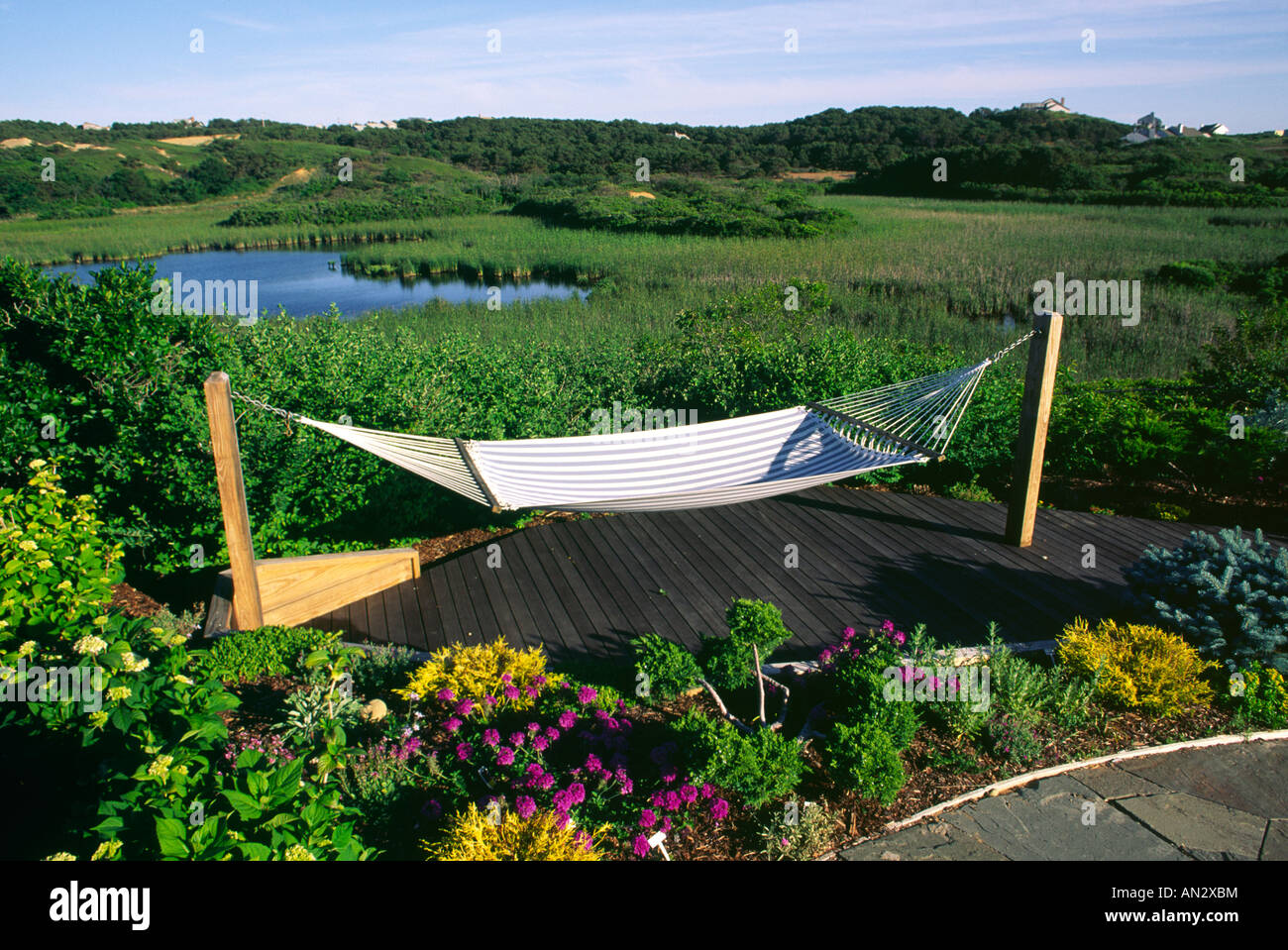 Hammock in a landscaped yard on the edge of a marsh Cape Cod Massachusetts Stock Photo