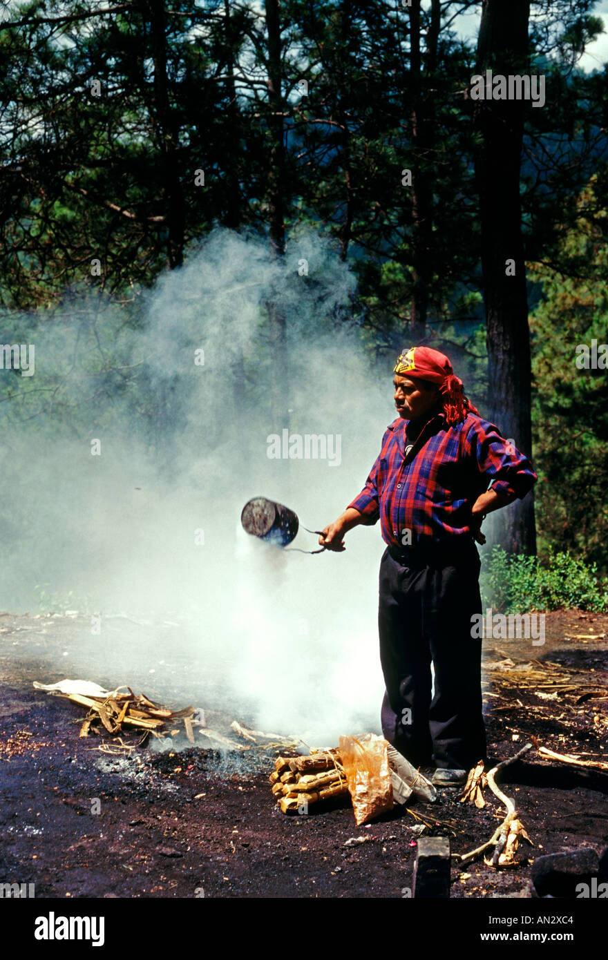 Guatemalan, native prayer man, chuchkajaue, witchdoctor, witch doctor, shrine, Pascual Abaj, Chichicastenango, El Quiche Department, Guatemala Stock Photo