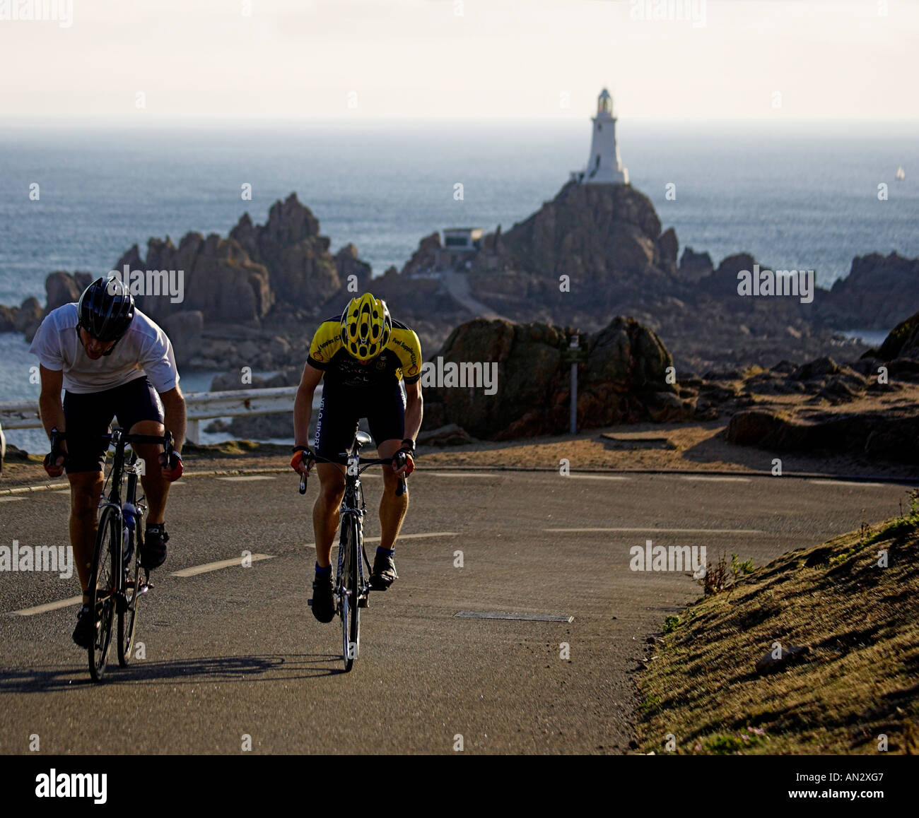 Jersey ,Channel Islands UK Great Britain UK GB Road Race Corbiere  With Corbiere Ligthouse in the background Stock Photo