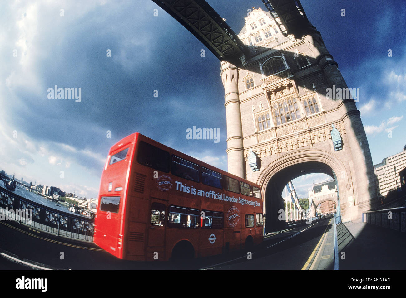 Tower Bridge with double decker red London city bus Stock Photo