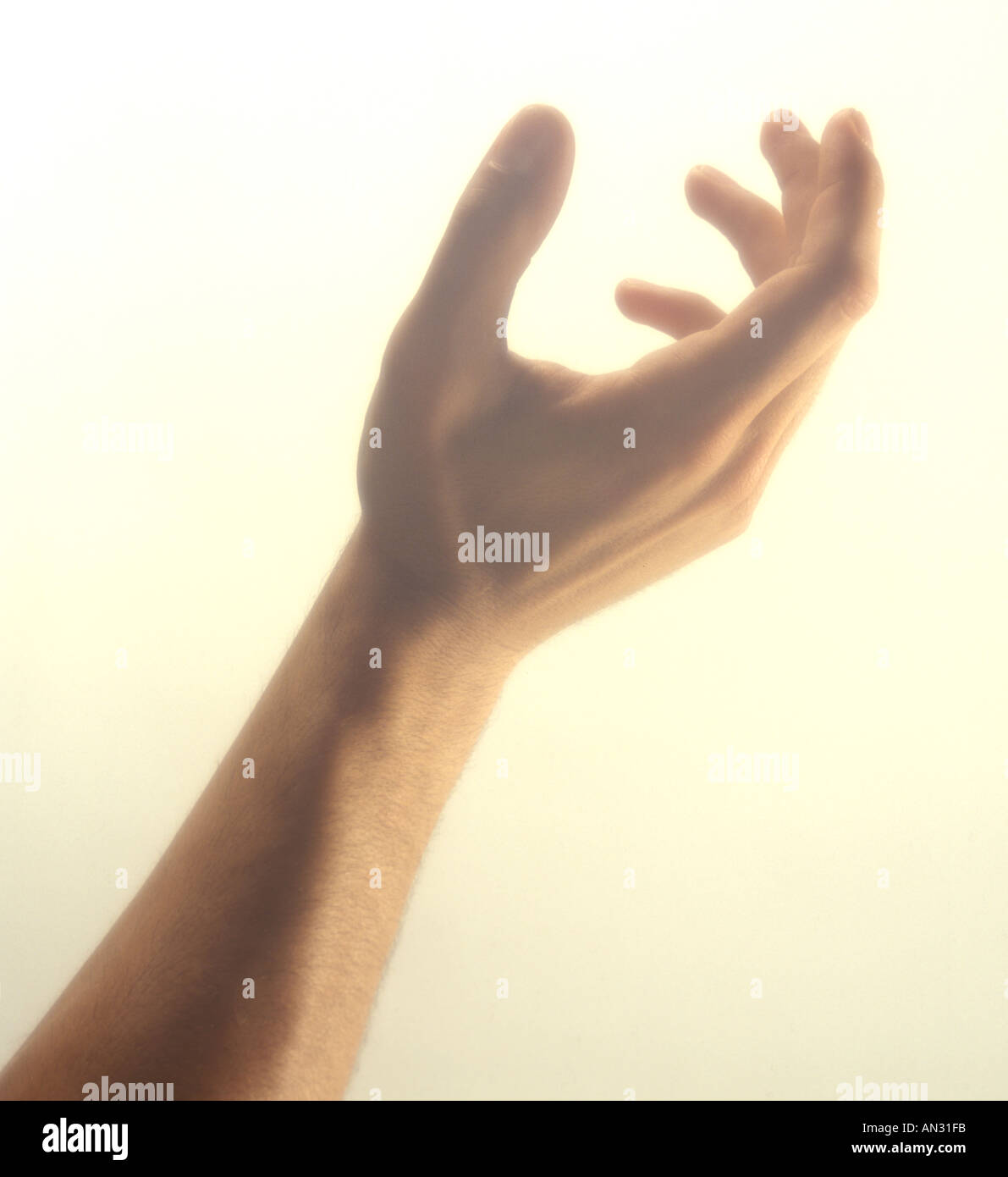 Raised Hand With Dramatic Warm Light Filtering Down Stock Photo