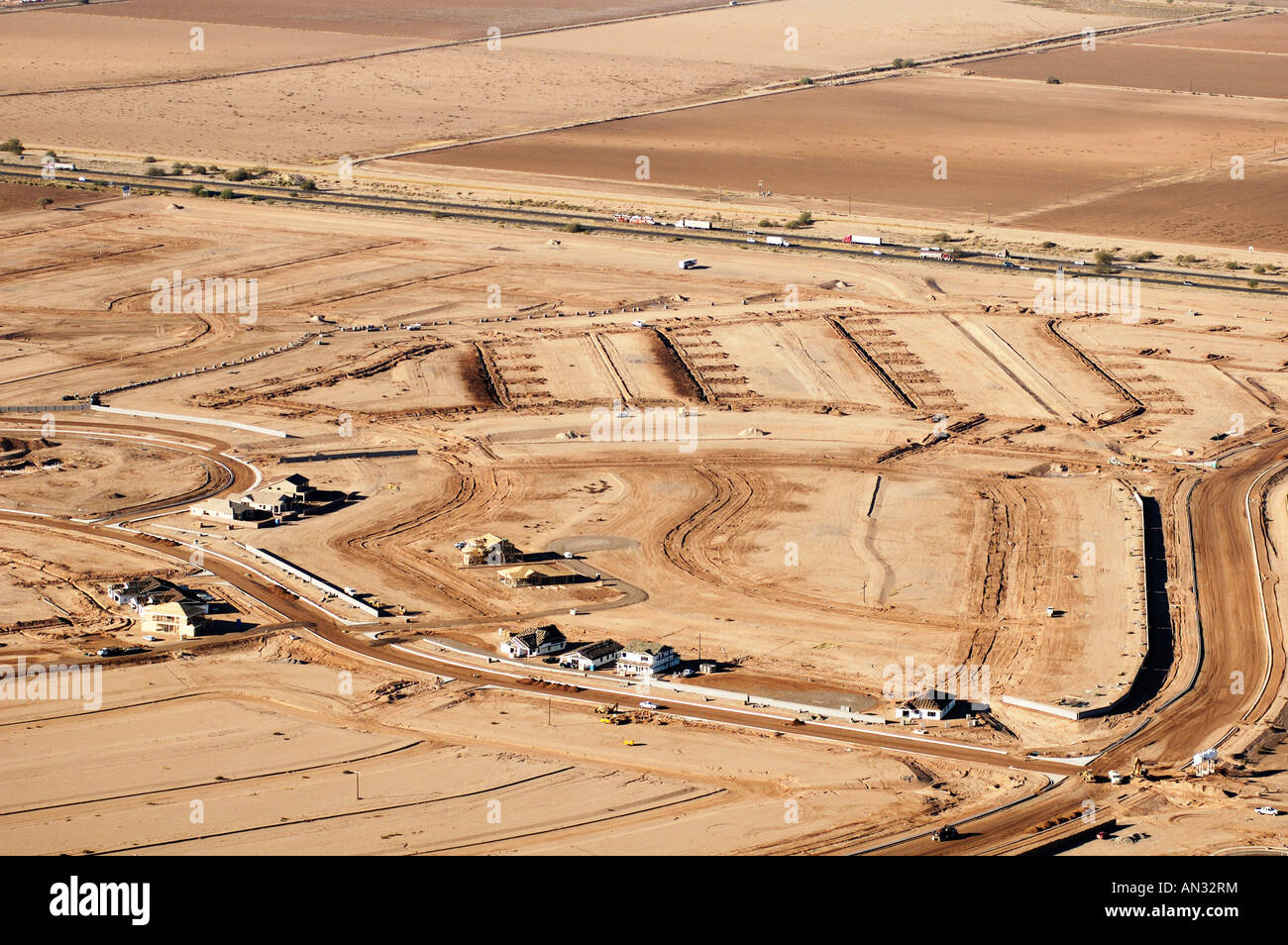 Expansion of a new housing development in Arizona Construction on the edge of a residential area in the suburbs Stock Photo