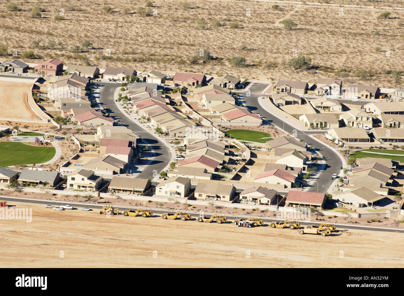 arial view of a new housing development and adjacent construciton in Arizona, 2007 Stock Photo