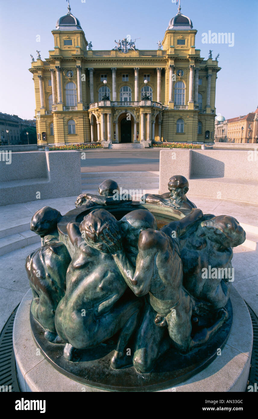 Marshal Tito Square / The Well of Life Statue & Croatian National Theatre, Zagreb, Croatia Stock Photo