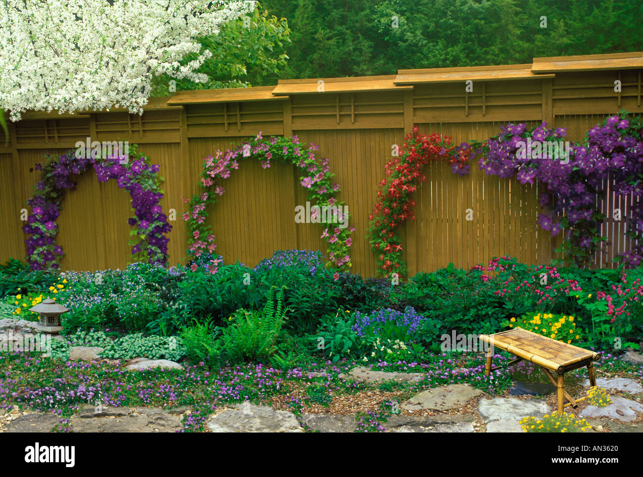 Tall wood fence with vines by flower garden rock path and bench Missouri USA Stock Photo Alamy