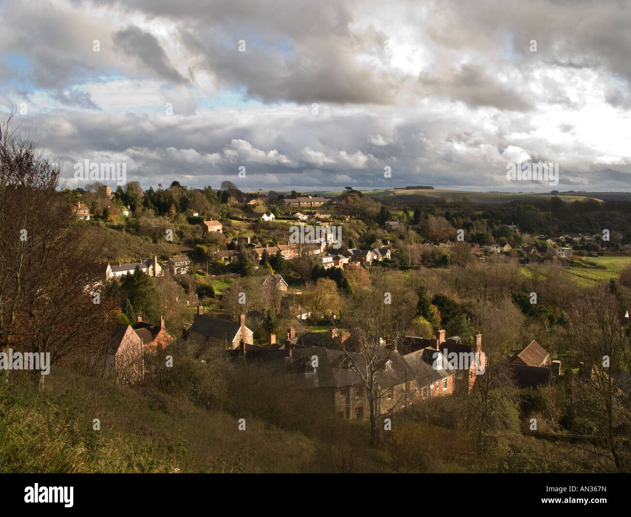The south slopes of Shaftesbury Dorset in November with banks of clouds over the surrounding hills Stock Photo