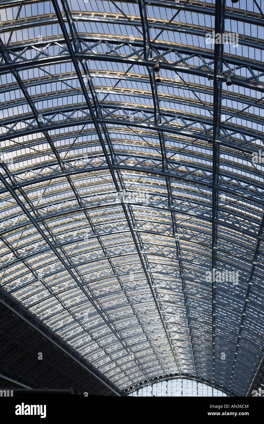 A view of the iron framework supporting the roof of the recently refurbished St Pancras International train station, London. Stock Photo