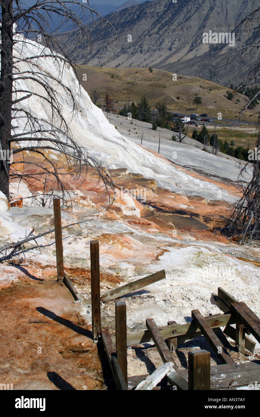 Broken boardwalk, Canary Spring, Upper Terrace Drive, Mammoth Hot