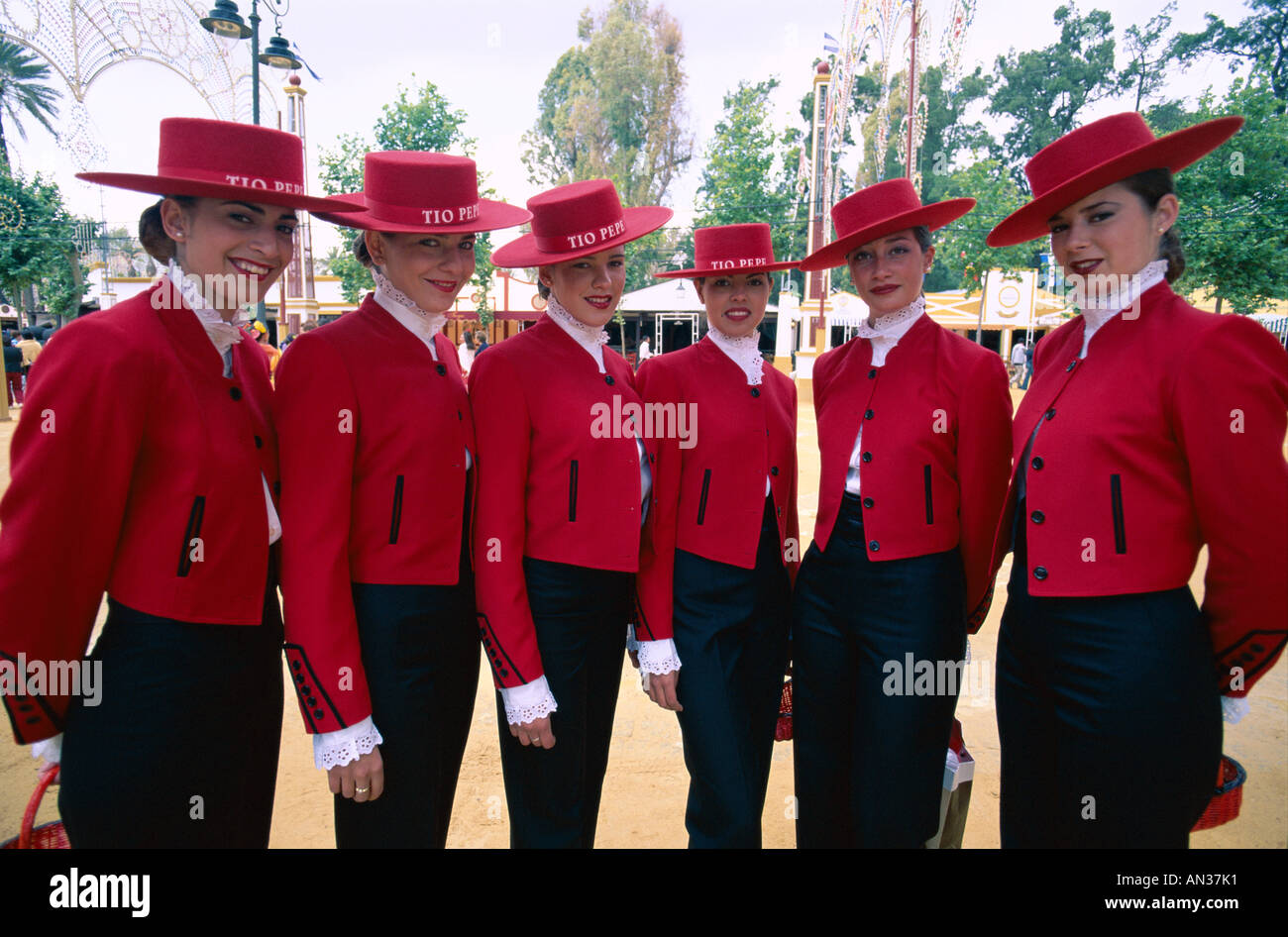 Fiesta / Horse Fair / Girls Dressed in Tio Pepe Costume, Jerez de la Frontera, Andalusia, Spain Stock Photo