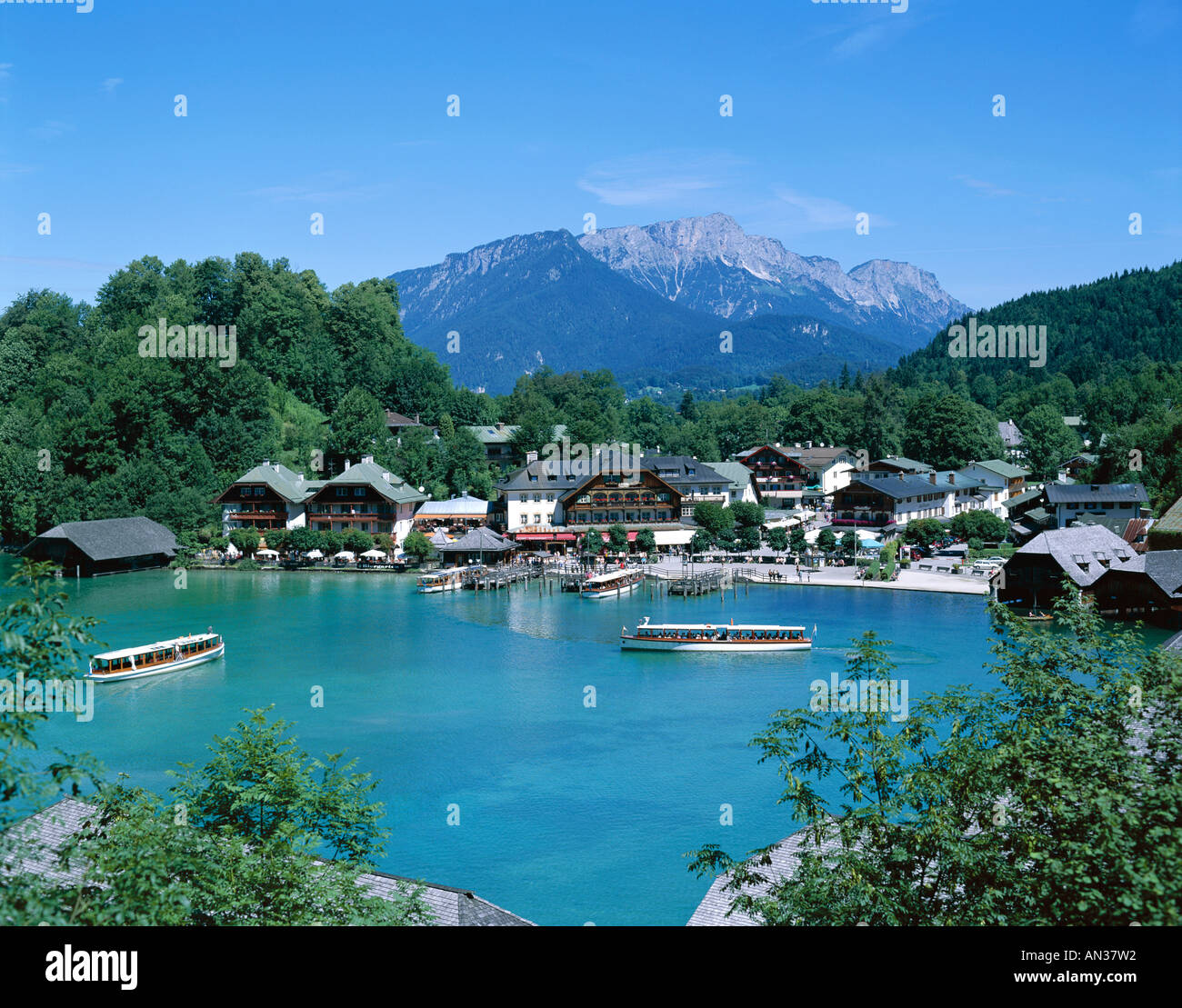 Konigssee Lake with Konigssee Town, Konigsee, Baveria Stock Photo ...