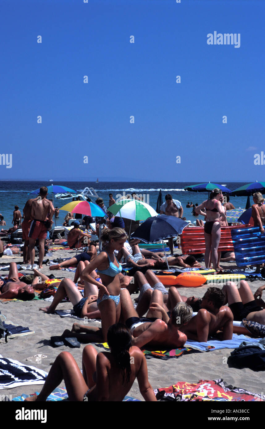 Beach at Playa d'en Bossa, Ibiza, Spain Stock Photo