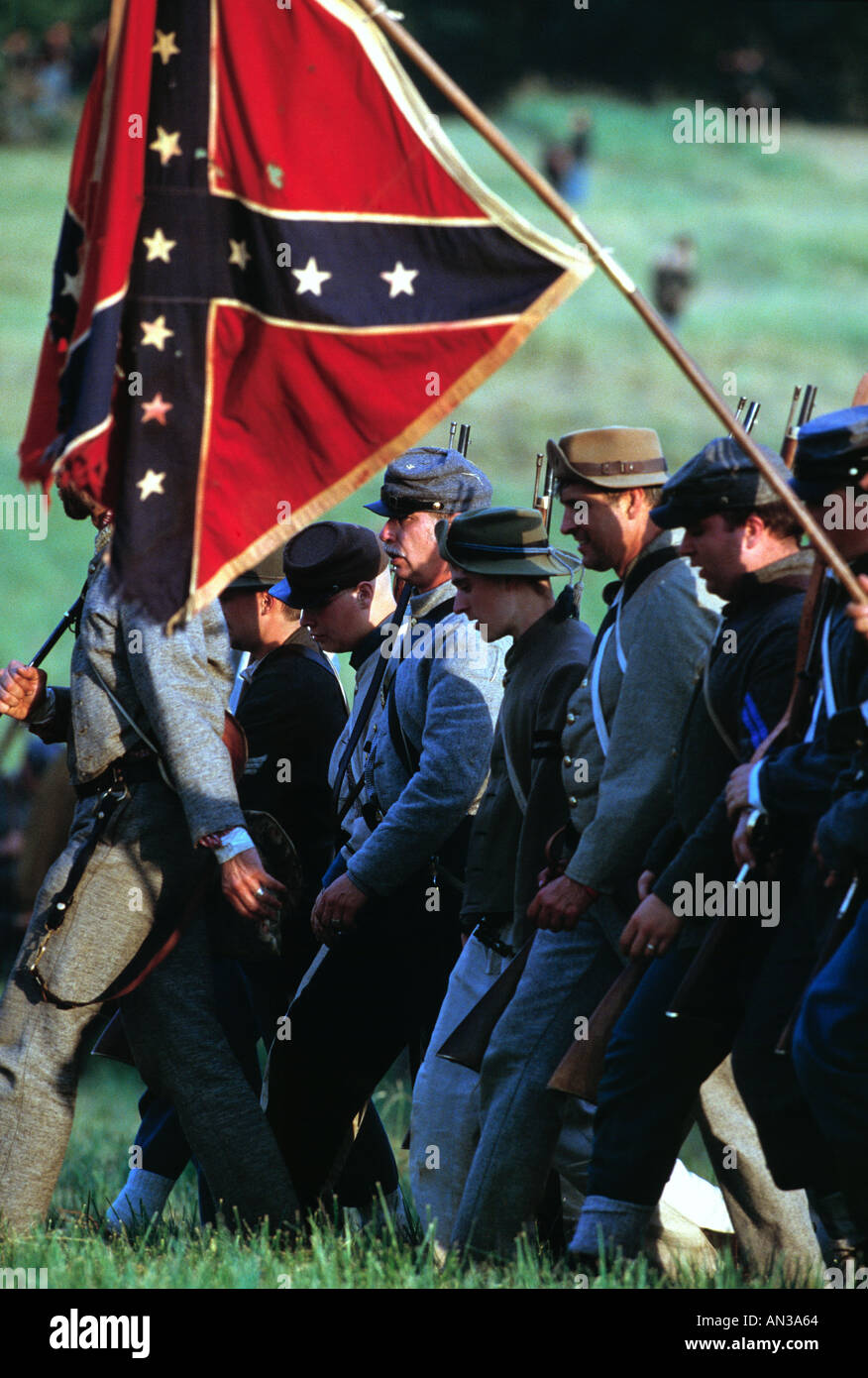 Confederate soldiers marching During the Reenactment of  the battle of Gettysburg at confederate line July 4th Gettysburg Pennsylvania Stock Photo