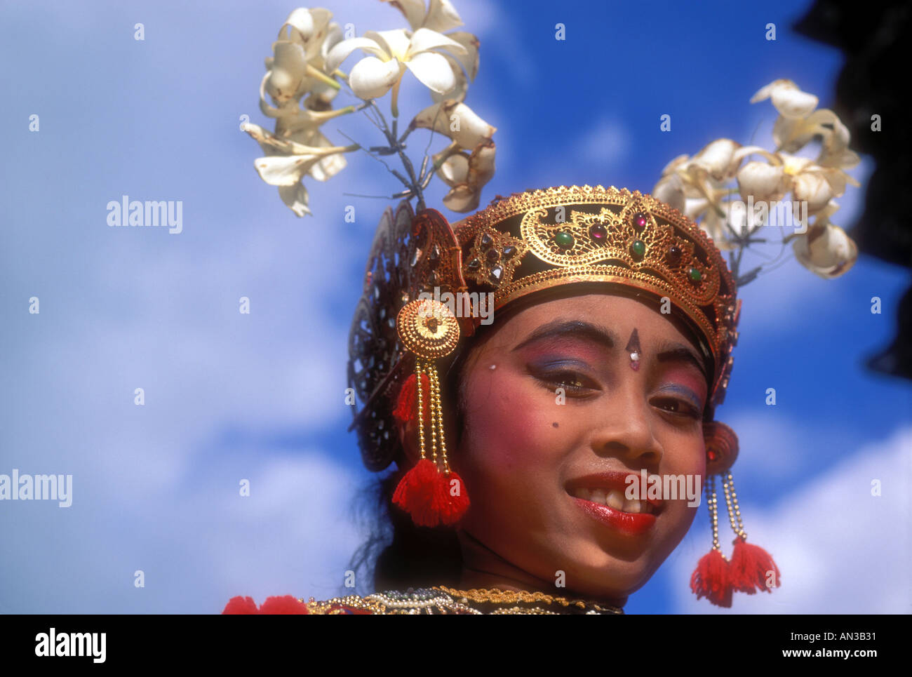 Ornately decorated Balinese legong dancer on the island of Bali in Indonesia Model Released Image Stock Photo